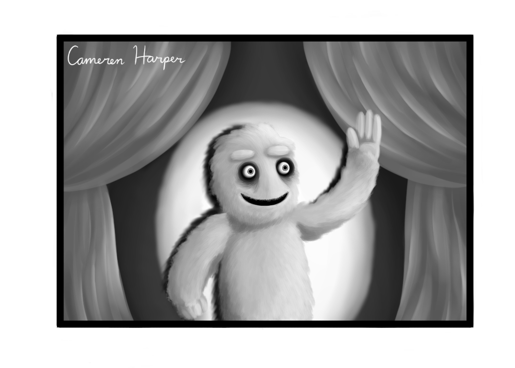 A black & white ("monochrome"), somewhat disturbing/creepy illustration of a furry, non-descript, automaton-like Muppet with completely expressionless eyes, waving on a stage.